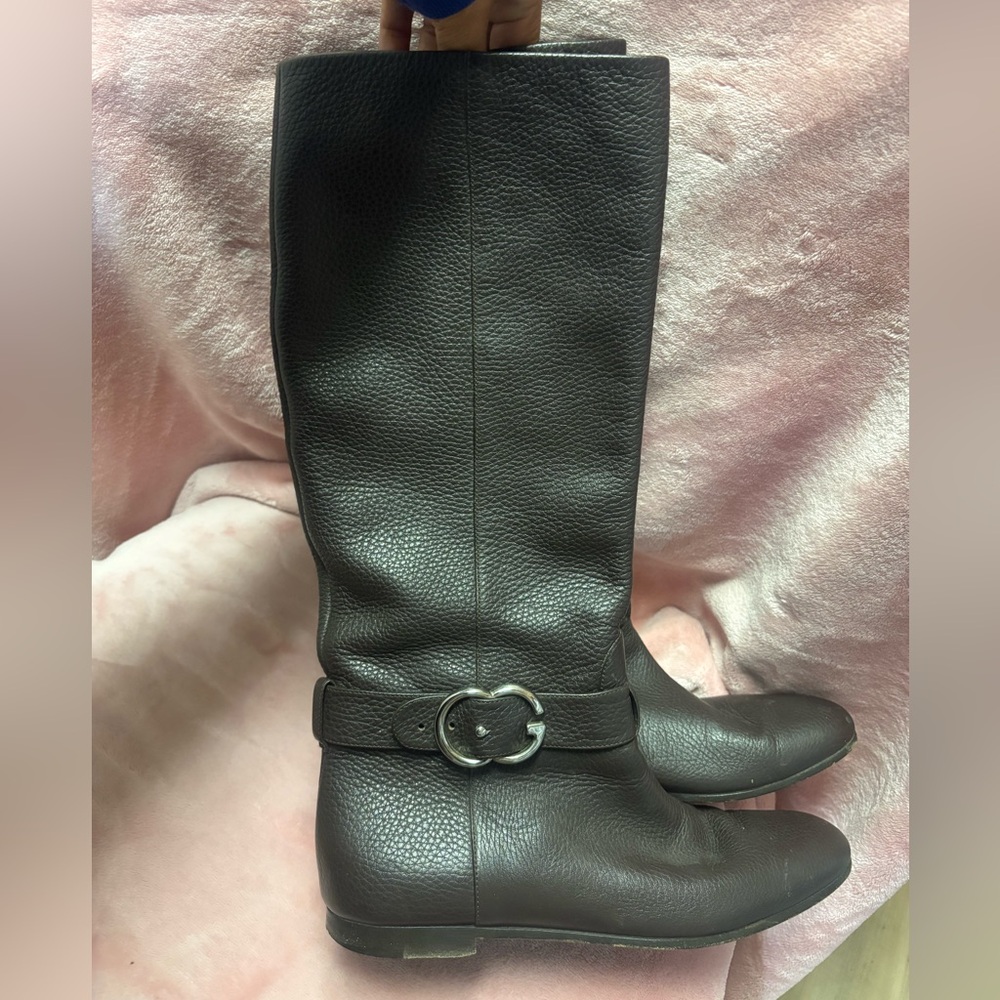 Gucci Dark Brown Leather Mid-Calf Heeled Boots with Silver Buckle - Picture 2 of 12
